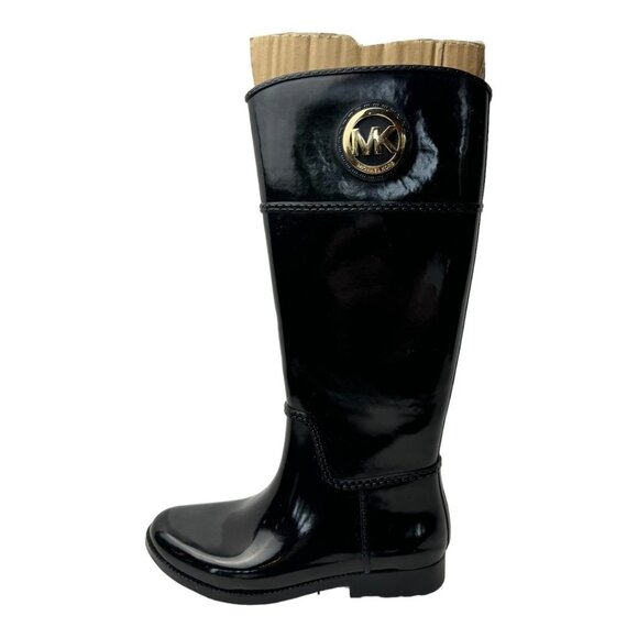 Michael Kors Boots Women 8 Black Gloss Rubber Logo Emblem Stockard Tall Rain - Picture 3 of 14